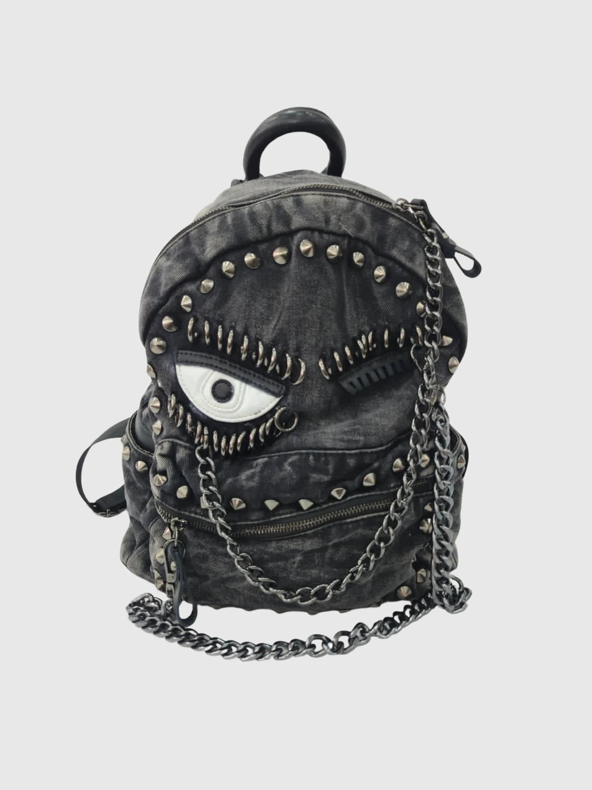 Göz Desenli Zımbalı Kadın Sırt Çantası – Füme Denim Punk Tasarım