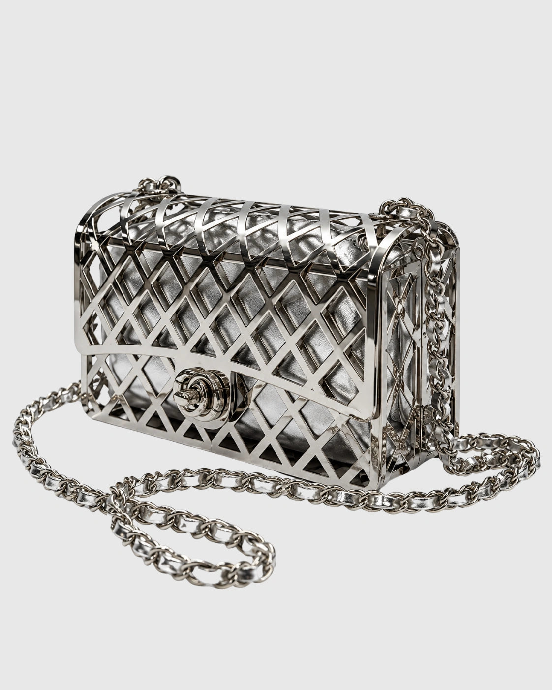 Silver Metal Cage Design Chain Strap Evening Bag