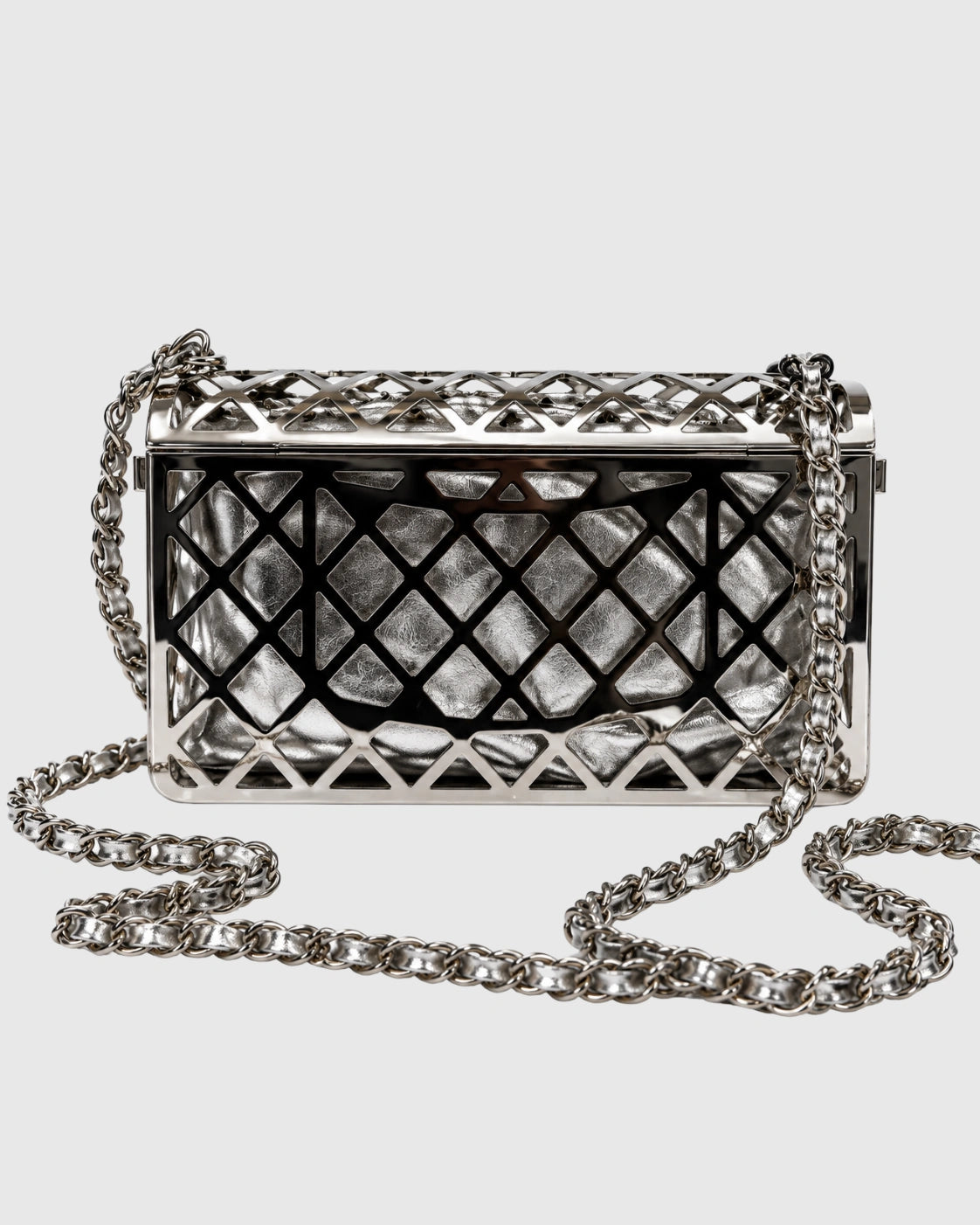 Silver Metal Cage Design Chain Strap Evening Bag