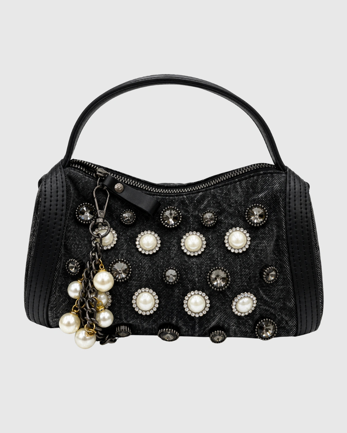 Kadın Siyah Mücevher İşlemeli Bez Abiye El ve Omuz Çantası