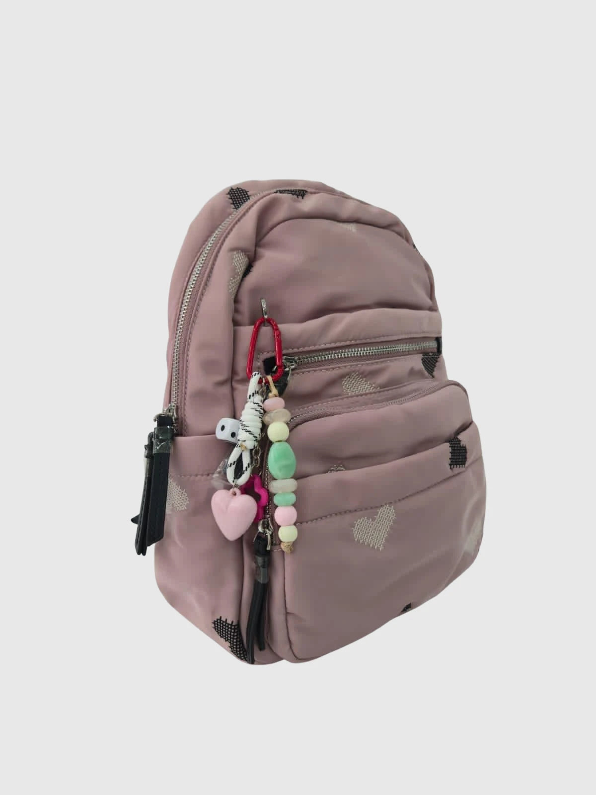 Kalp Desenli Pudra Kadın Sırt Çantası – Aksesuar Detaylı Mini Backpack
