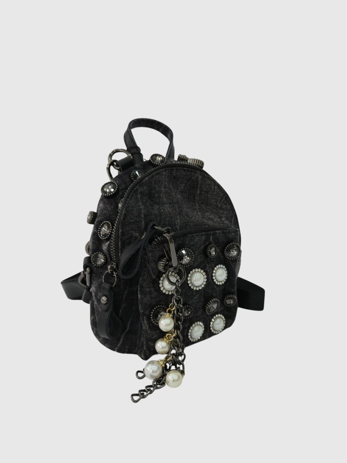 Taş ve İnci Detaylı Mini Denim Kadın Sırt Çantası – Siyah Vintage Backpack