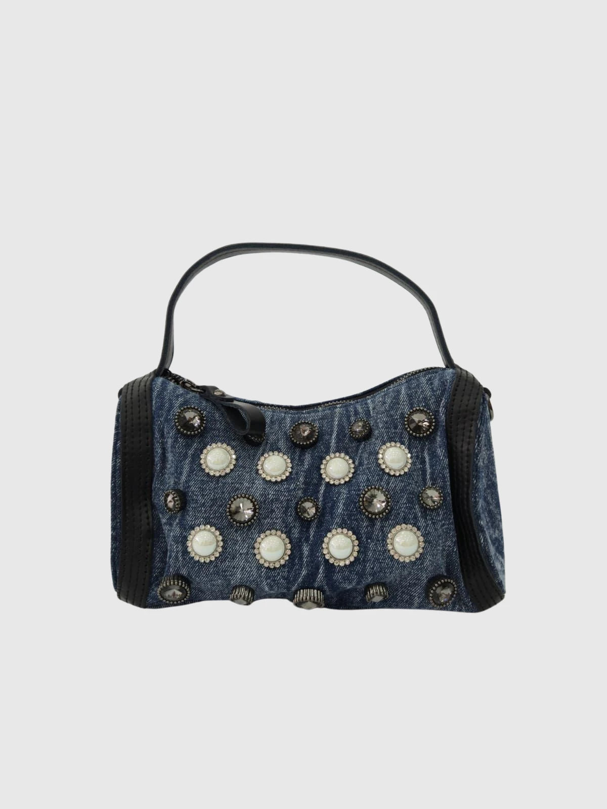 Taş ve İnci Detaylı Denim Kadın Omuz Çantası – Vintage Şık El Çantası