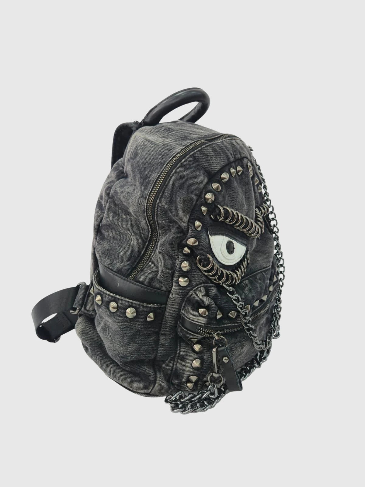 Göz Desenli Zımbalı Kadın Sırt Çantası – Füme Denim Punk Tasarım