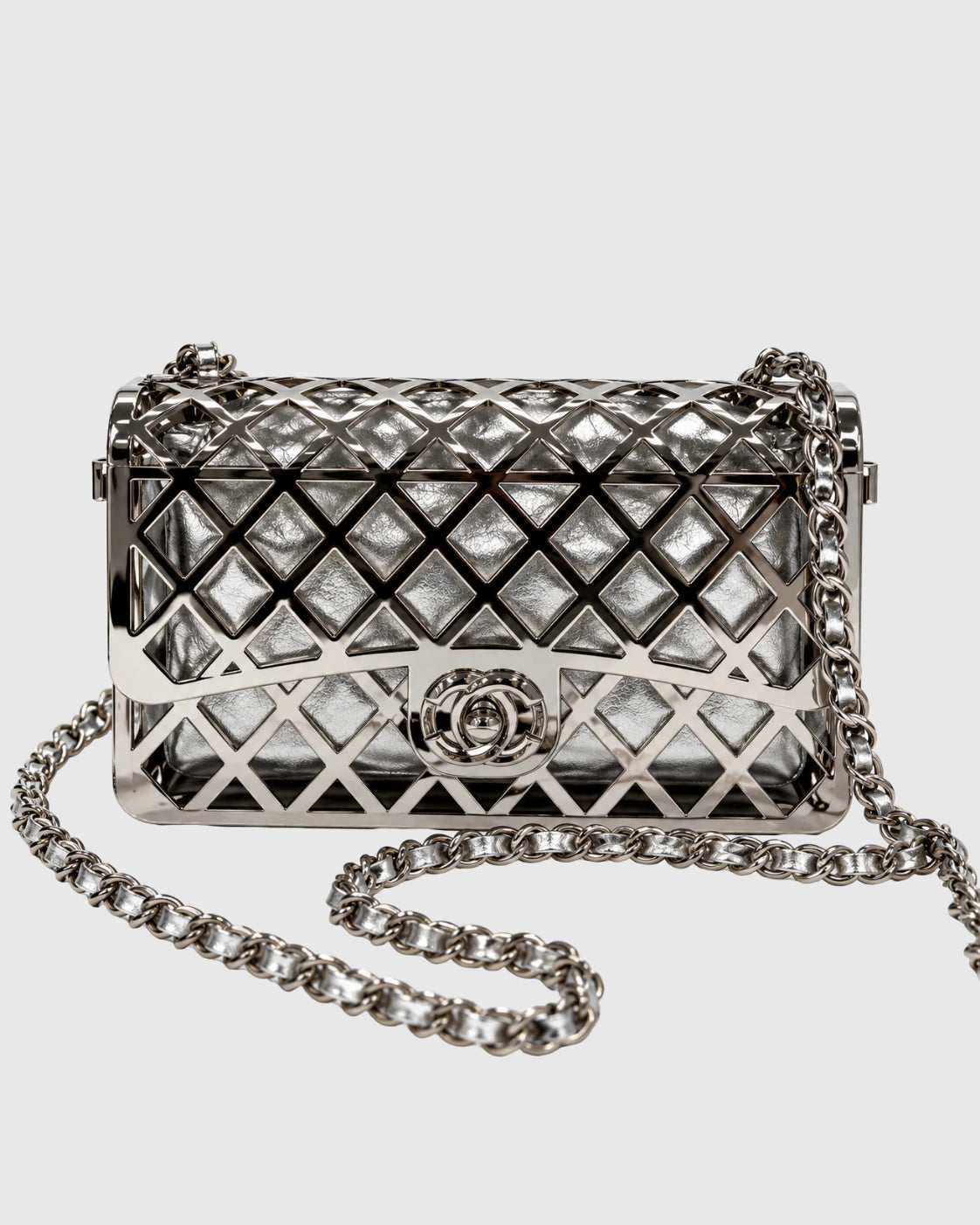 Silver Metal Cage Design Chain Strap Evening Bag