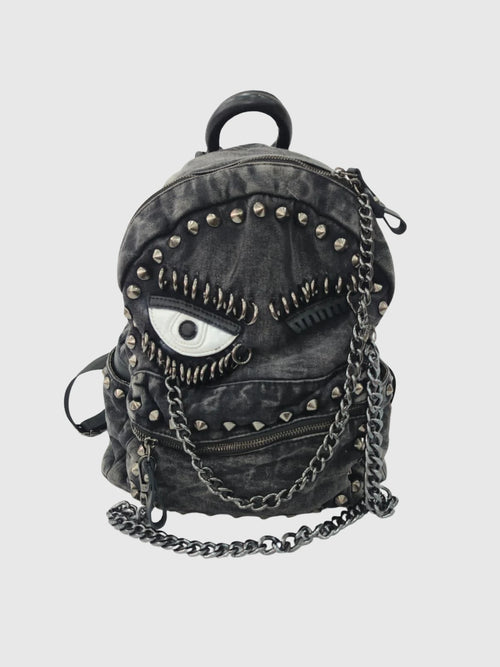 Göz Desenli Zımbalı Kadın Sırt Çantası – Füme Denim Punk Tasarım