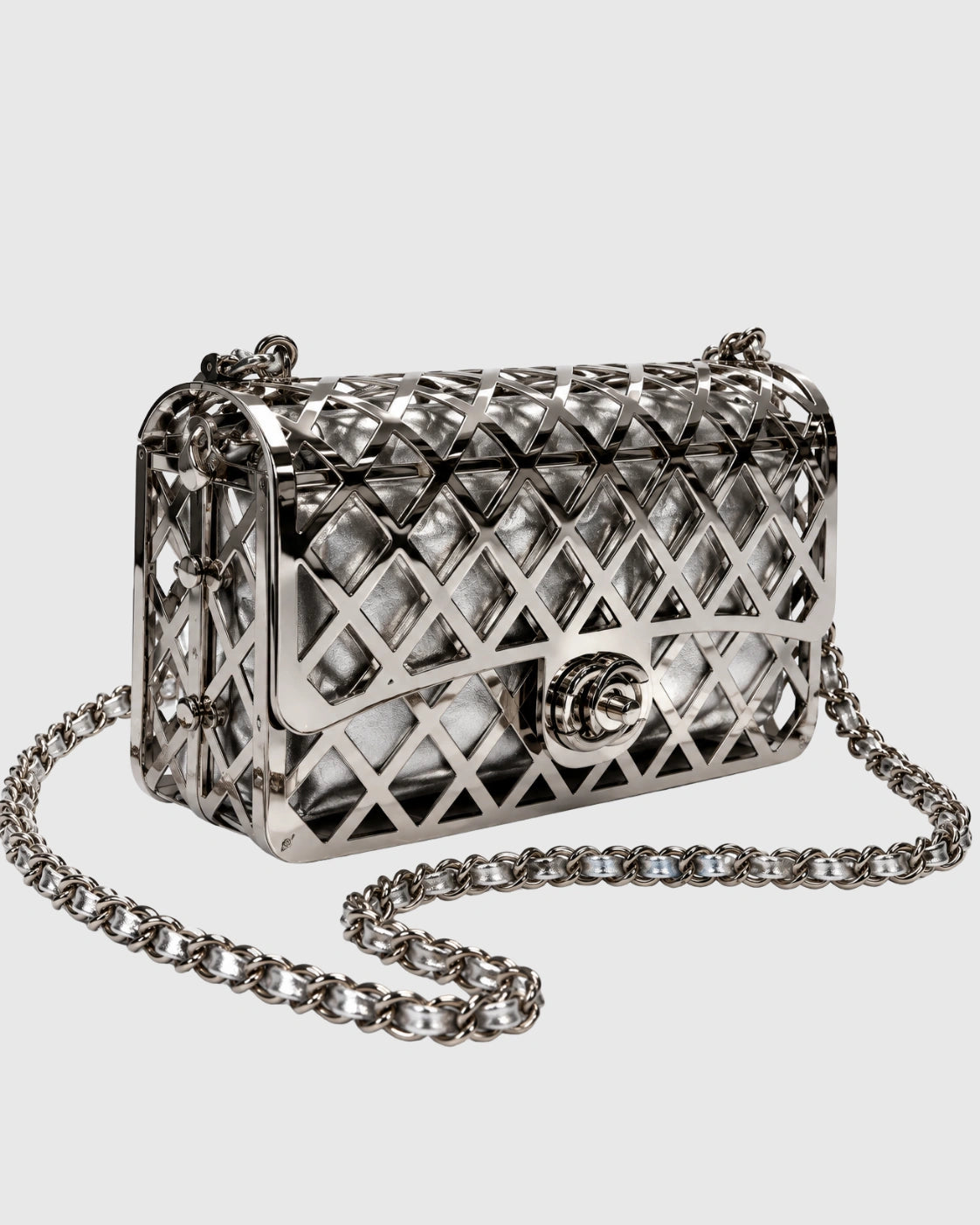 Silver Metal Cage Design Chain Strap Evening Bag