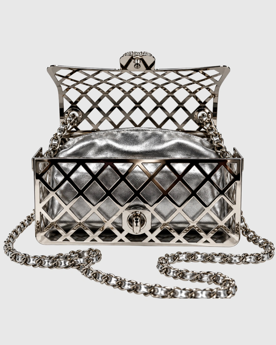 Silver Metal Cage Design Chain Strap Evening Bag
