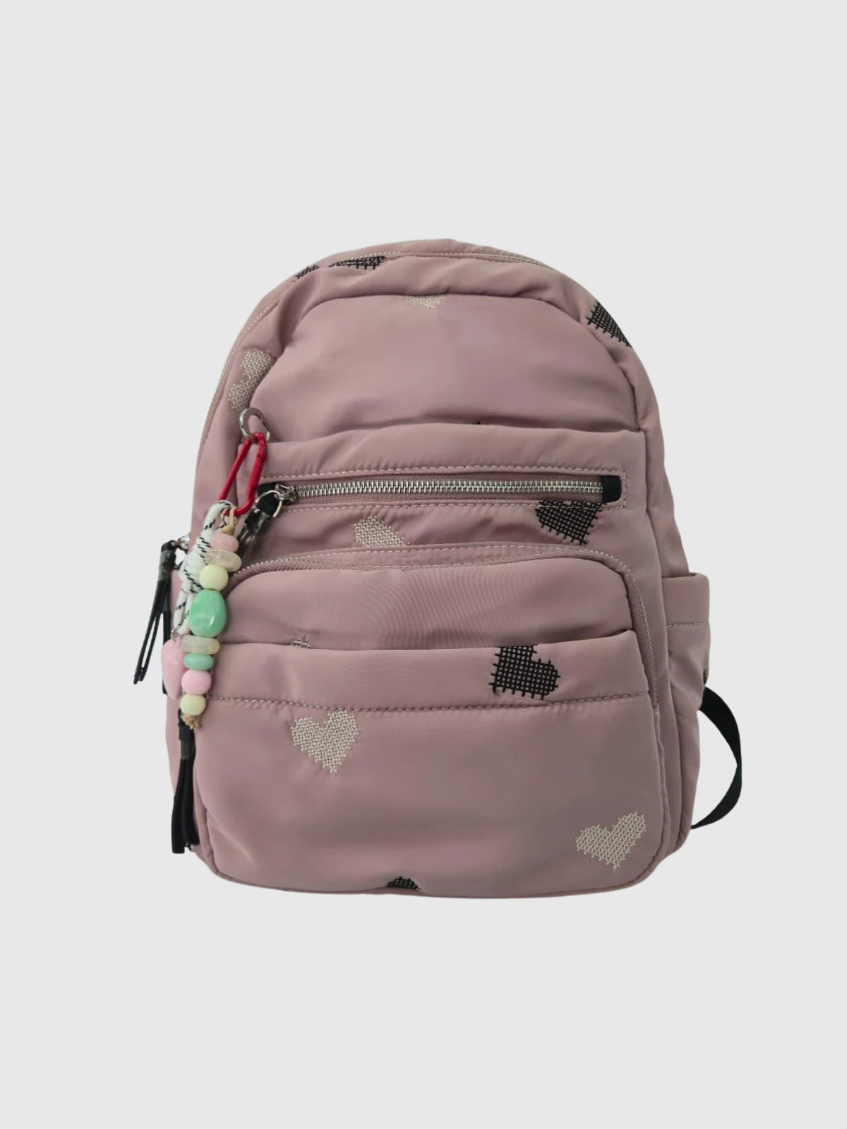 Kalp Desenli Pudra Kadın Sırt Çantası – Aksesuar Detaylı Mini Backpack