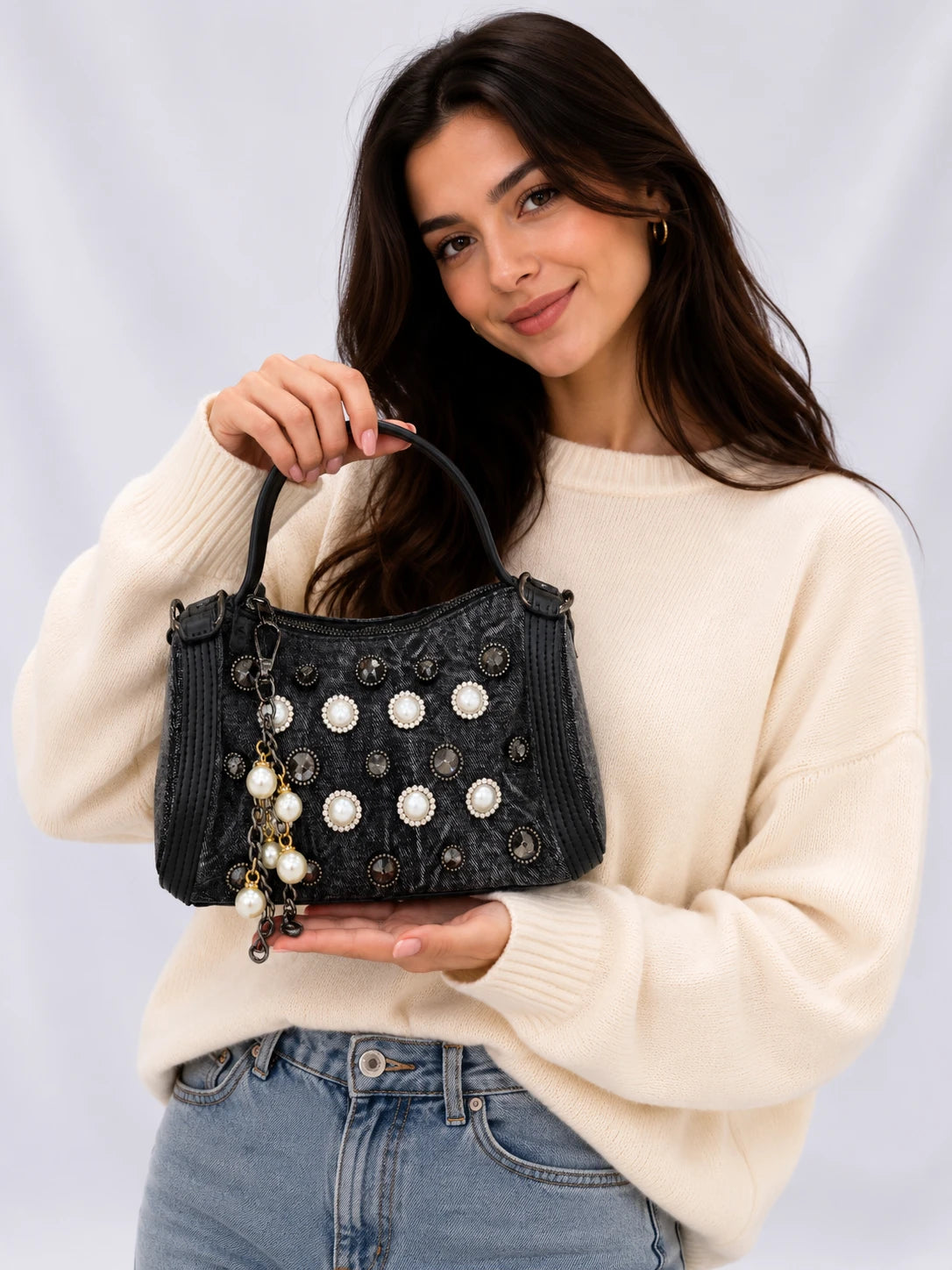 İnci Taş Detaylı Kadın El & Omuz Çantası – Füme Denim Şık Tasarım