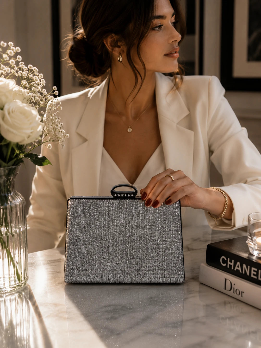 Gümüş Işıltılı Abiye Clutch Çanta