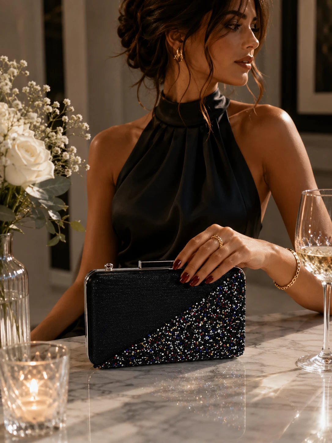 Siyah Çok Renkli Taş Detaylı Abiye Clutch Çanta