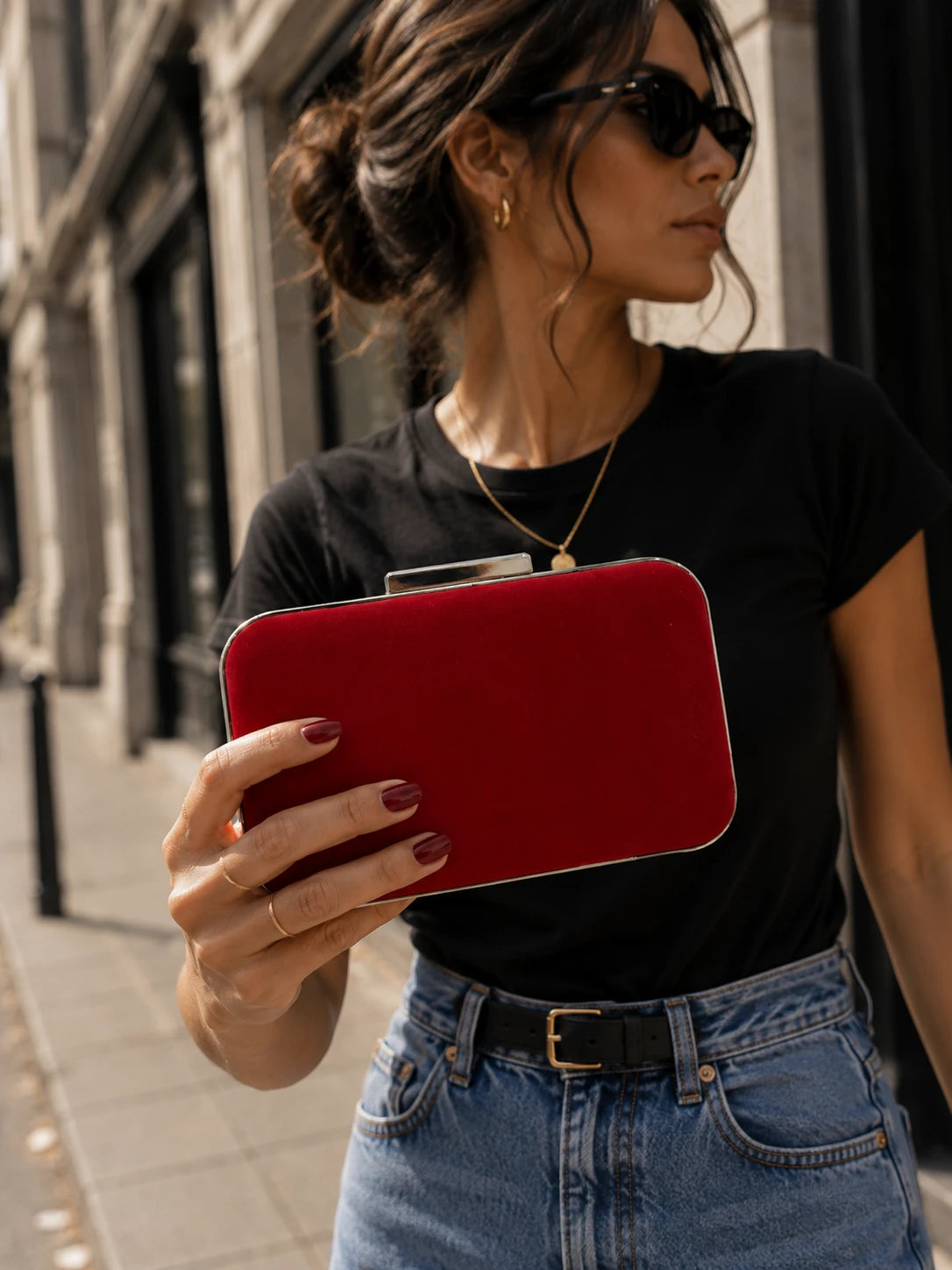 Kırmızı Kadife Abiye Clutch Çanta