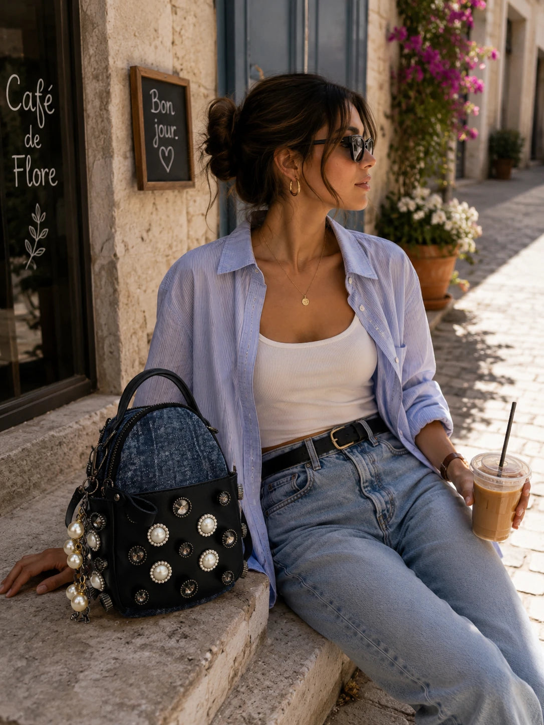 İnci ve Taş Detaylı Mini Kadın Çantası – Mavi Denim Görünümlü