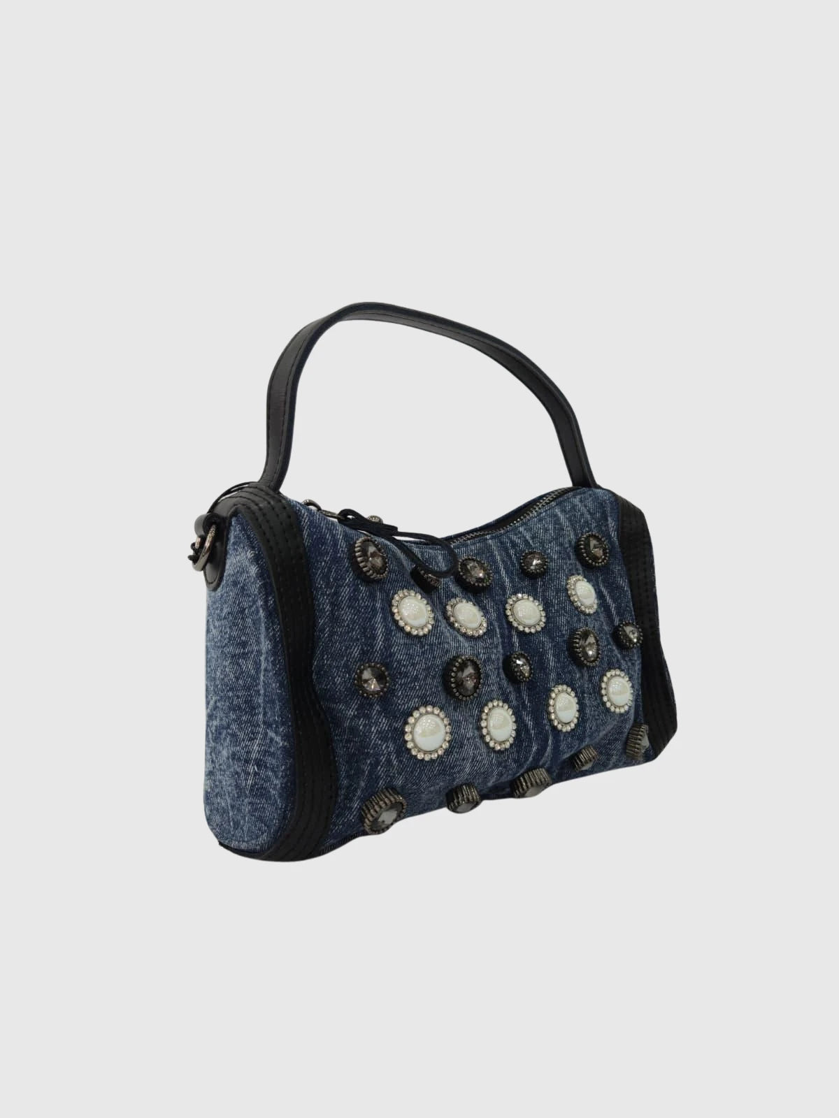 Taş ve İnci Detaylı Denim Kadın Omuz Çantası – Vintage Şık El Çantası