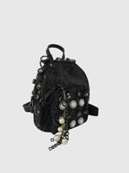 Taş ve İnci Detaylı Mini Denim Kadın Sırt Çantası – Siyah Vintage Backpack