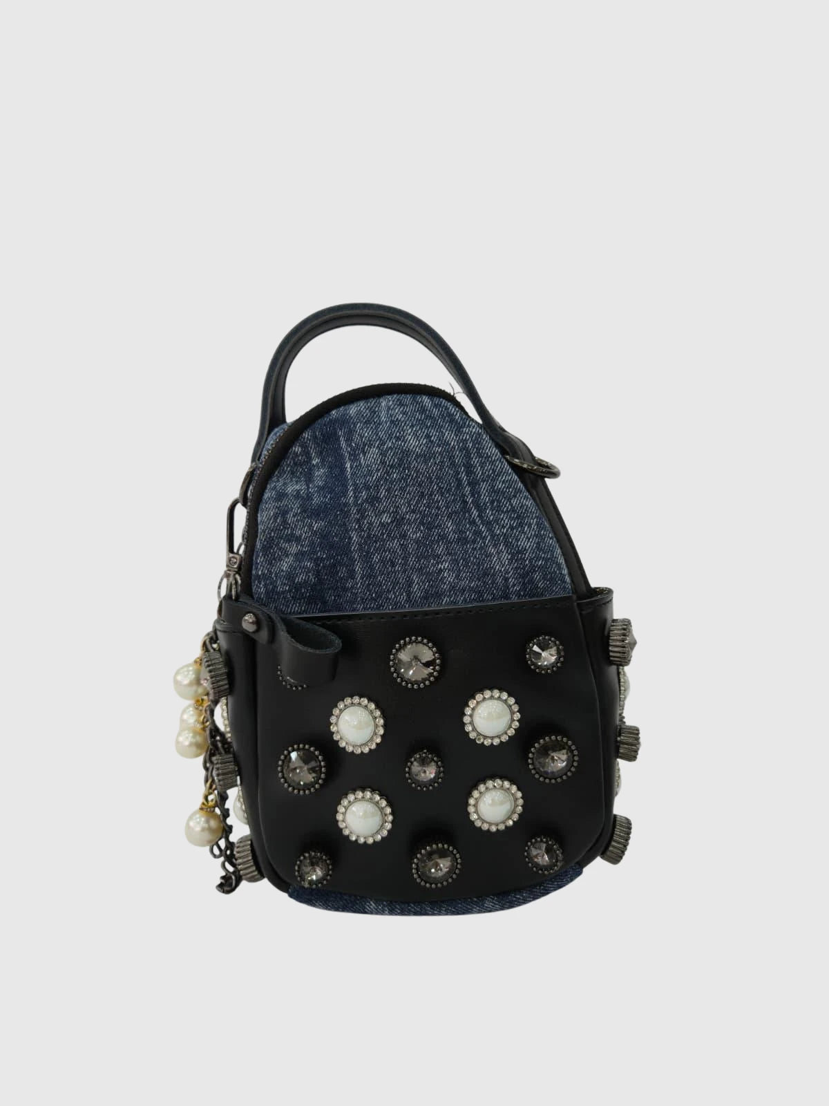 İnci ve Taş Detaylı Mini Kadın Çantası – Mavi Denim Görünümlü