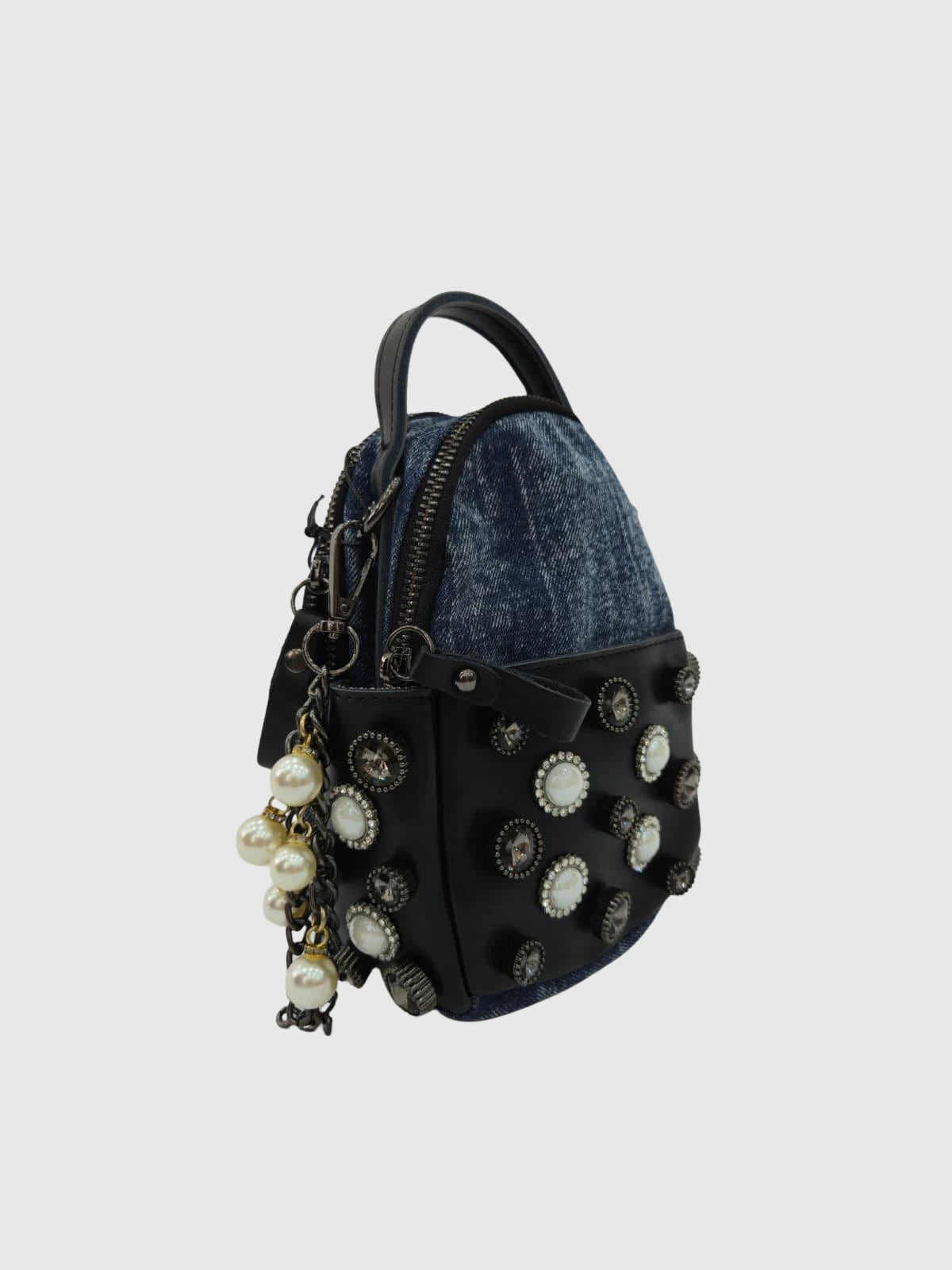 İnci ve Taş Detaylı Mini Kadın Çantası – Mavi Denim Görünümlü