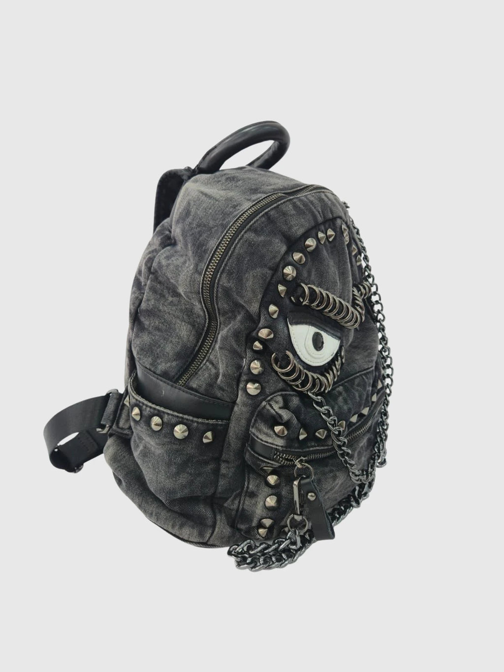 Göz Desenli Zımbalı Kadın Sırt Çantası – Füme Denim Punk Tasarım