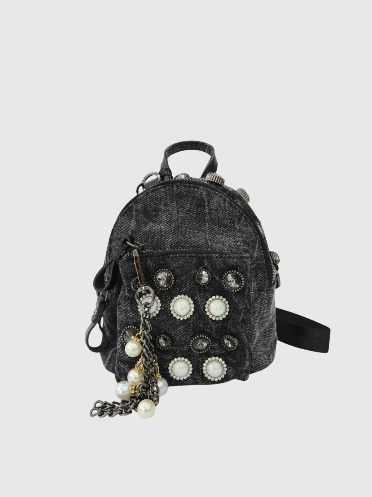 Taş ve İnci Detaylı Mini Denim Kadın Sırt Çantası – Siyah Vintage Backpack