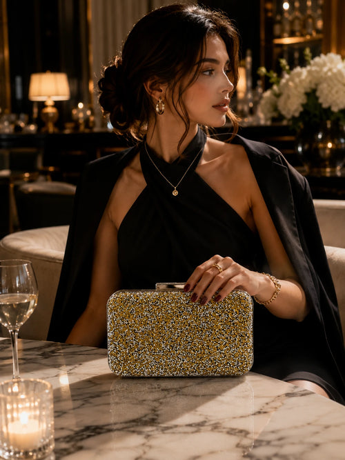 Gold Silver Taşlı Abiye Clutch Çanta